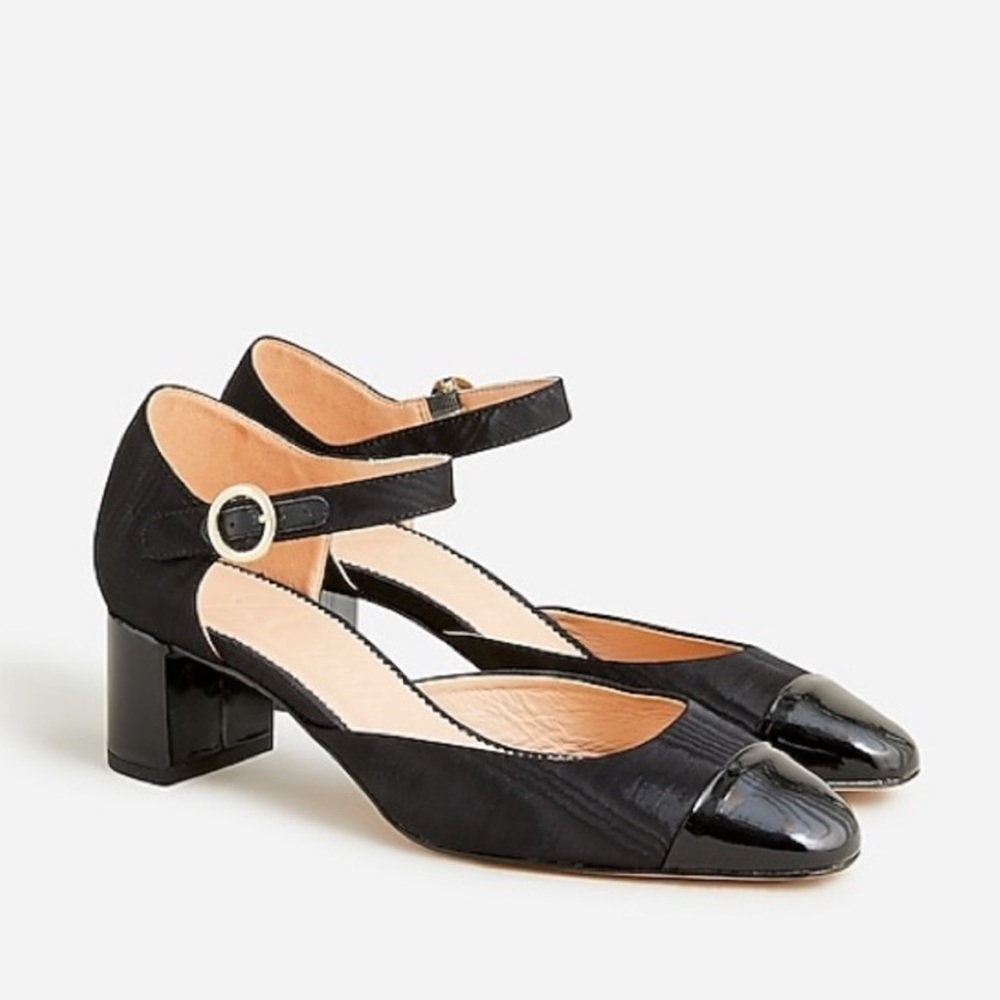 J Crew Millie Ankle Strap Heels Black Leather Moire 9 Block Heel